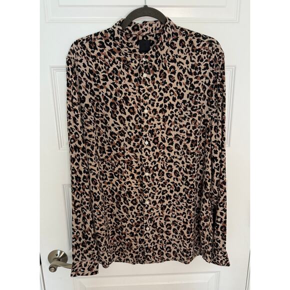 H&M Women’s Leopard Print Button Front Blouse Size L Long Sleeve 100% Viscose - Picture 1 of 7